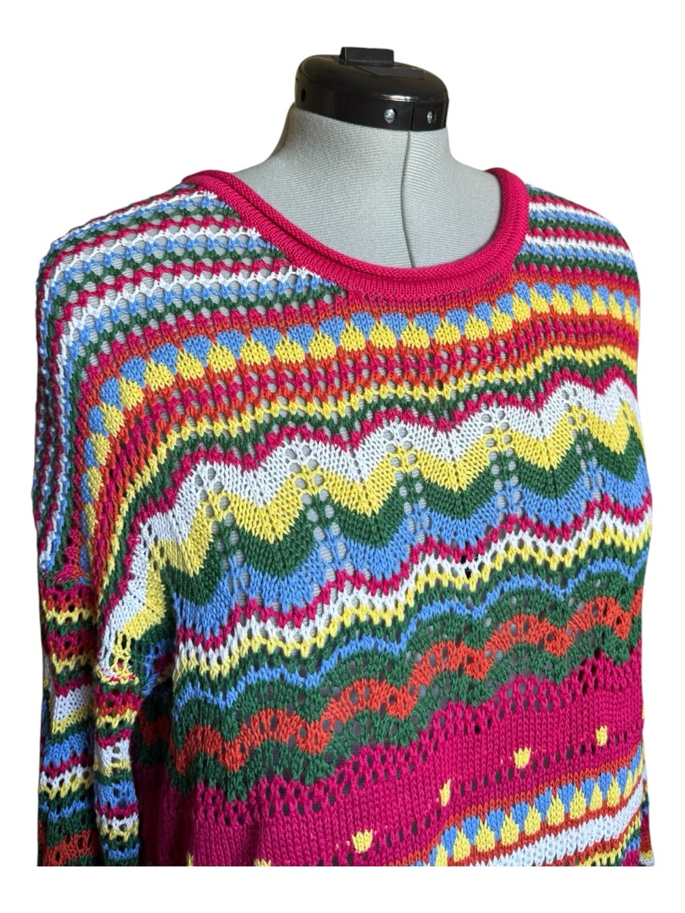 Crochet Knit Bell-Sleeve Sweater - Pink Chevron & Rainbow - Oversized - Picture 5 of 10